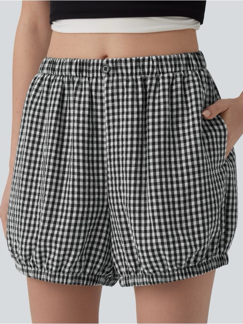 Halara Mid Rise Plaid Casual Linen-Feel Shorts with Pockets